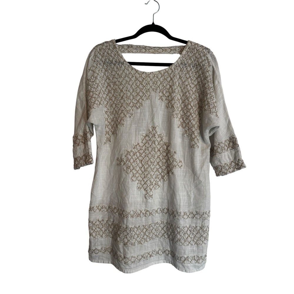Free People‎ Women's Knit Tunic White Tan Boho Size XS (Medium Fitted) Oversized